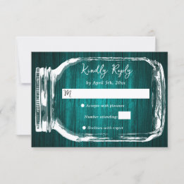 Teal Rustic Wood Mason Jar Rustic Fall Wedding RSVP Card