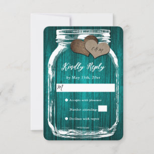 Teal Rustic Wood Mason Jar Two Hearts Wedding RSVP