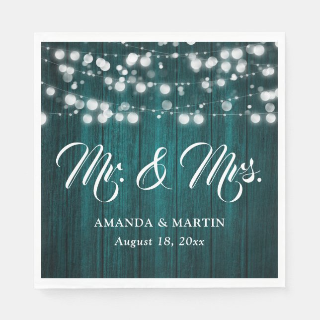 Teal Rustic Wood String Lights Mr and Mrs Wedding Napkin (Front)