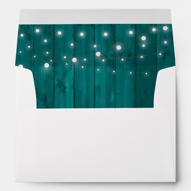 Teal Rustic Wood String Lights Return Address Envelope (Back (Bottom))