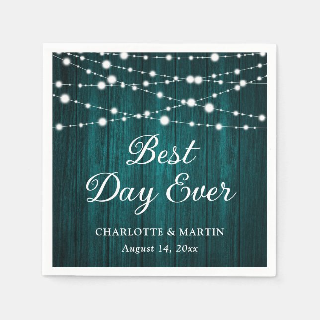 Teal Rustic Wood String Lights Wedding Napkin (Front)