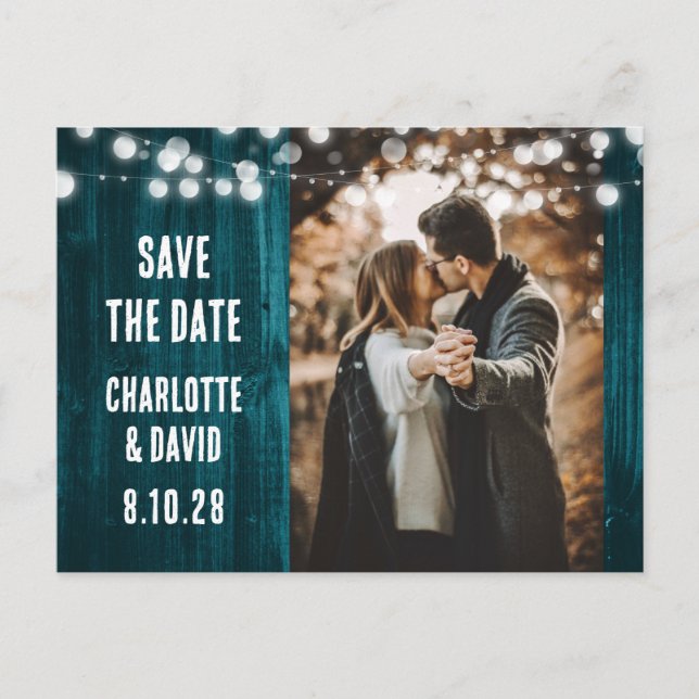 Teal Rustic Wood String Lights Wedding Photo Announcement Postcard (Front)