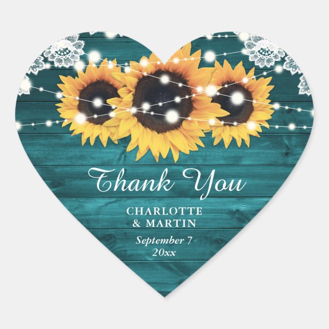 Teal Rustic Wood Sunflower Wedding Thank You Heart Sticker (Front)