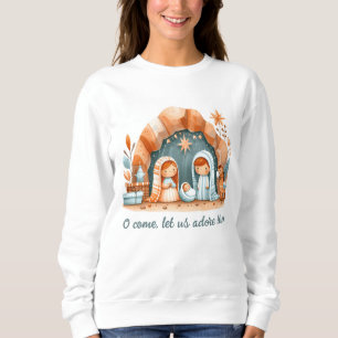 Teal, Rusty Orange Christmas Nativity Religious Sweatshirt