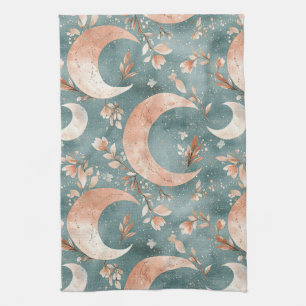 Teal Sage Celestial Crescent Moon Floral Kitchen Towel