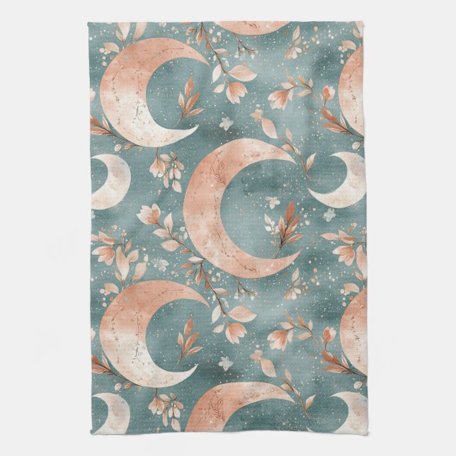 Teal Sage Celestial Crescent Moon Floral Kitchen Towel (Vertical)