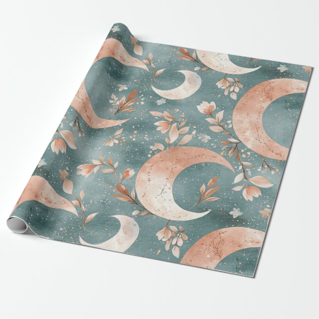 Teal Sage Celestial Crescent Moon Floral Wrapping Paper (Unrolled)