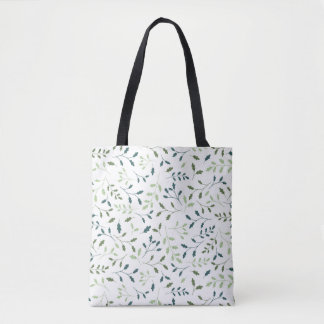 Teal Sage Green Botanical Leaves Pattern Tote Bag