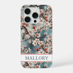 Teal Sakura Print Monogrammed iPhone 15 Pro Case
