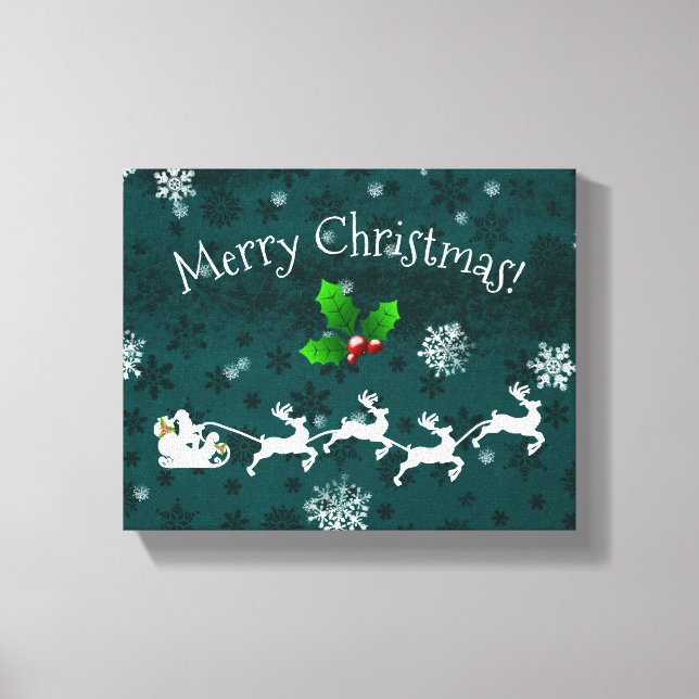 Teal Santa's Sleigh and Reindeer Canvas Print (Front)