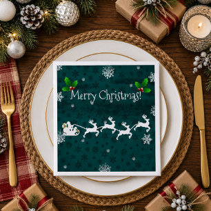 Teal Santa's Sleigh and Reindeer Paper Napkin