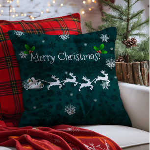 Teal Santa's Sleigh and Reindeer Throw Pillow