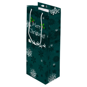 Teal Santa's Sleigh and Reindeer Wine Gift Bag