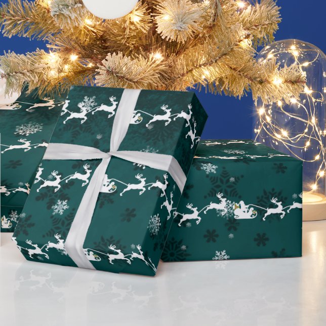 Teal Santa's Sleigh and Reindeer Wrapping Paper (Holidays)