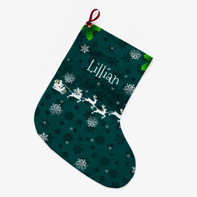 Teal Santa's Sleigh & Reindeer Stocking (Front (Hanging))