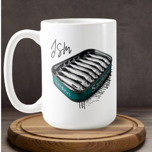 Teal Sardine Art Tin Custom Monogram Name  Coffee Mug