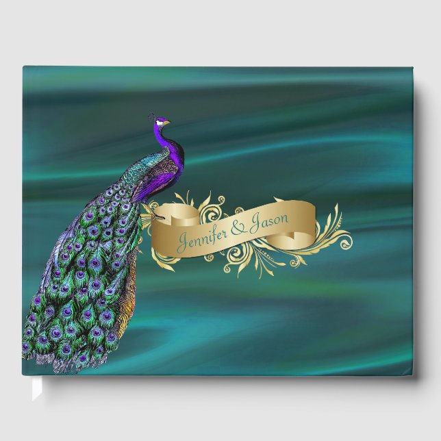 Teal Satin and Peacock Wedding Guest Book (Front)