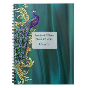 Teal Satin and Peacock Wedding Guest Sign In Notebook