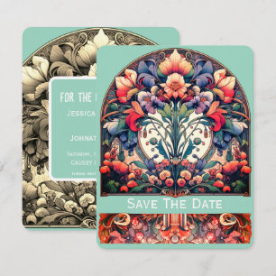Teal Save The Date Card Mucha Style