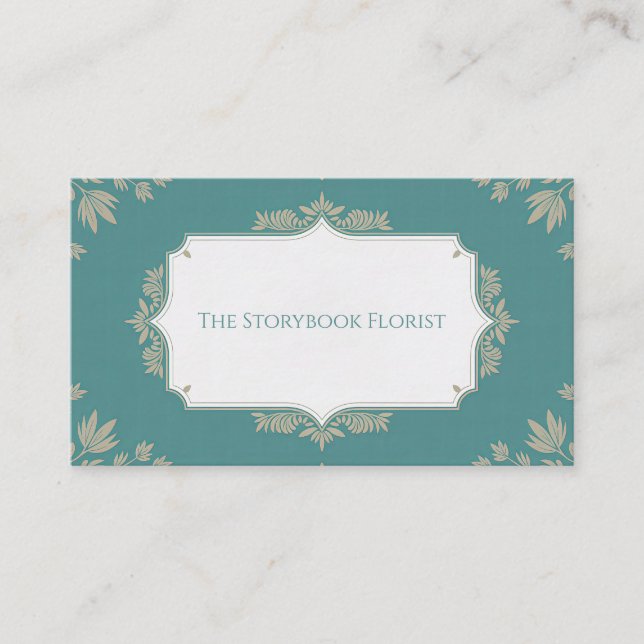 Teal Scallop Frame Symmetrical Leaf Decorative Business Card (Front)