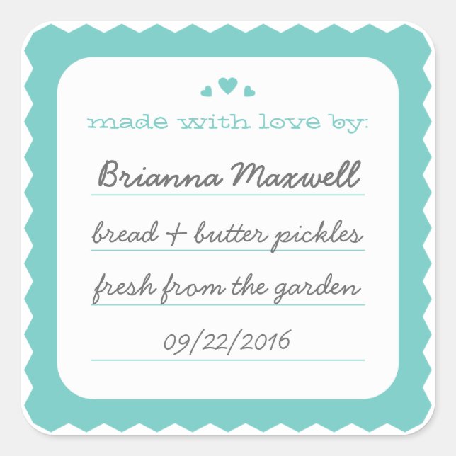 Teal Scallop Hearts Food Gift Label Square Sticker (Front)