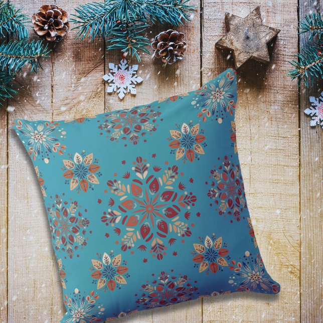 Teal Scandinavian Folk pattern snowflakes Throw Pillow (Creator Uploaded)