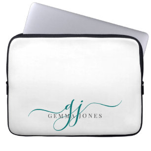 Teal Script Monogram Initials Minimalist Laptop Sleeve