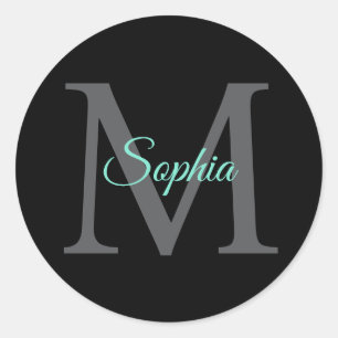 Teal Script Name, Large Grey Monogram on Black Classic Round Sticker