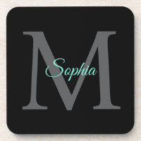 Teal Script Name, Large Grey Monogram on Black
