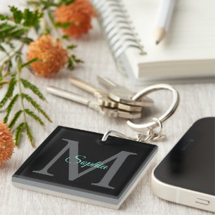 Teal Script Name, Large Grey Monogram on Black Keychain