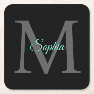 Teal Script Name, Large Grey Monogram on Black Square Paper Coaster