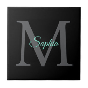Teal Script Name, Large Grey Monogram on Black Tile