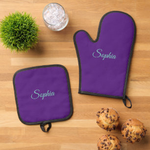 Teal Script Name or Monogram on Deep Purple Oven Mitt & Pot Holder Set