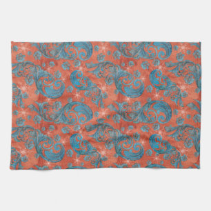 Teal Scrolls Red Background and snowflakes Kitchen Towel