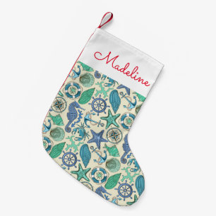 Teal Sea Animals Pattern   Add Your Name Small Christmas Stocking