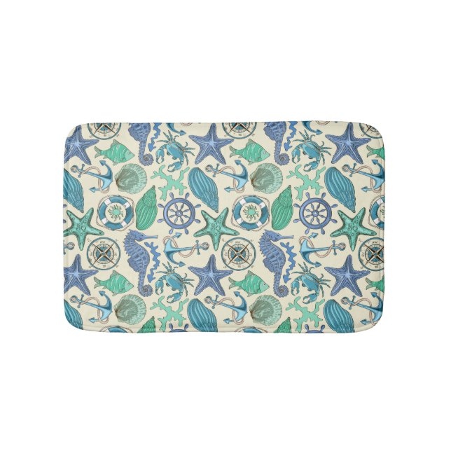 Teal Sea Animals Pattern Bath Mat (Front)