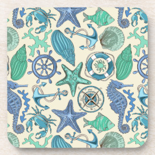 Teal Sea Animals Pattern Coaster
