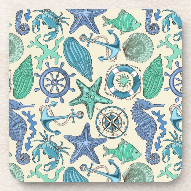 Teal Sea Animals Pattern Coaster (Front)