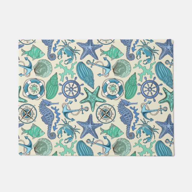 Teal Sea Animals Pattern Doormat (Front)