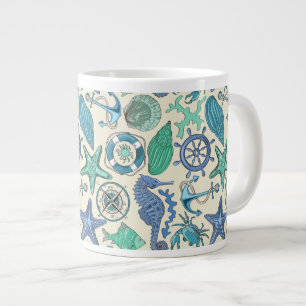 Teal Sea Animals Pattern Large Coffee Mug