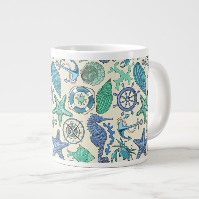 Teal Sea Animals Pattern Large Coffee Mug (Front Right)