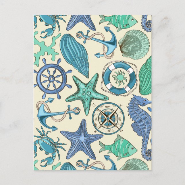 Teal Sea Animals Pattern Postcard (Front)