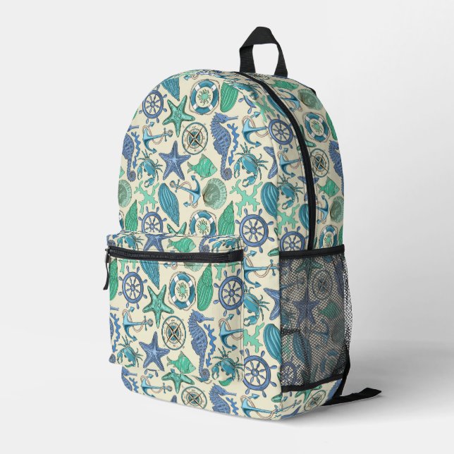 Teal Sea Animals Pattern Printed Backpack (Back Corner Right)