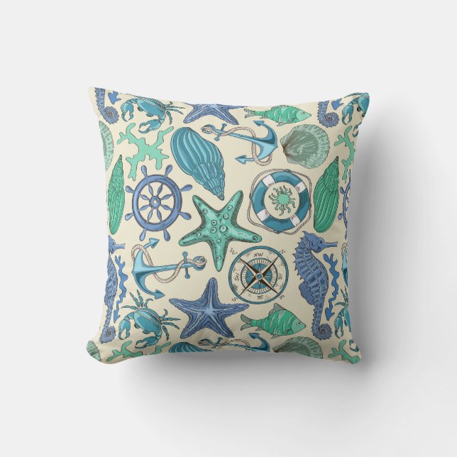 Teal Sea Animals Pattern Throw Pillow (Front)