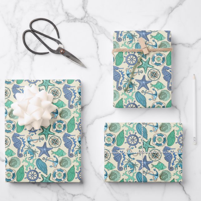 Teal Sea Animals Pattern Wrapping Paper Sheet (Front)