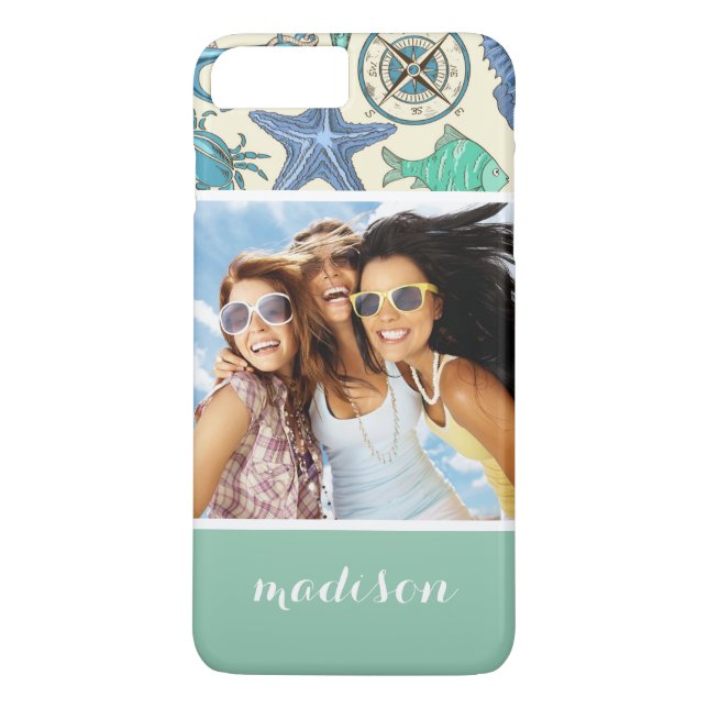 Teal Sea Animals Pattern | Your Photo & Name Case-Mate iPhone Case (Back)