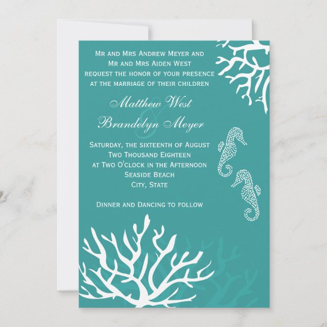 Teal Sea Coral Seahorse Wedding Invitations (Front)