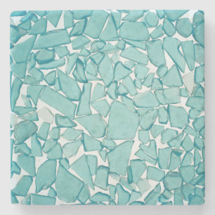 Teal Sea Glass Nautical Print Stone Coaster