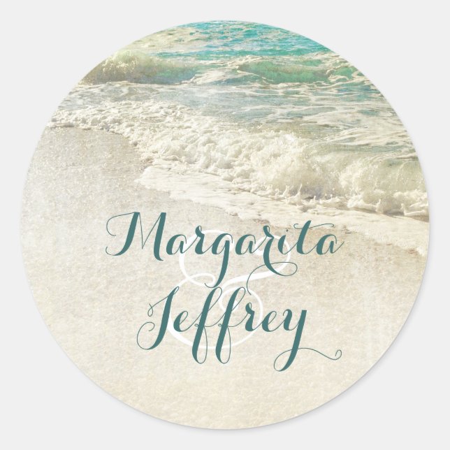 Teal Sea Waves Beach Wedding Classic Round Sticker (Front)