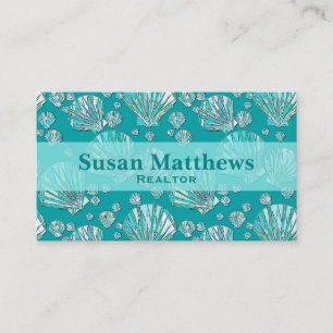 Teal, seafoam sea shells, turquoise background business card